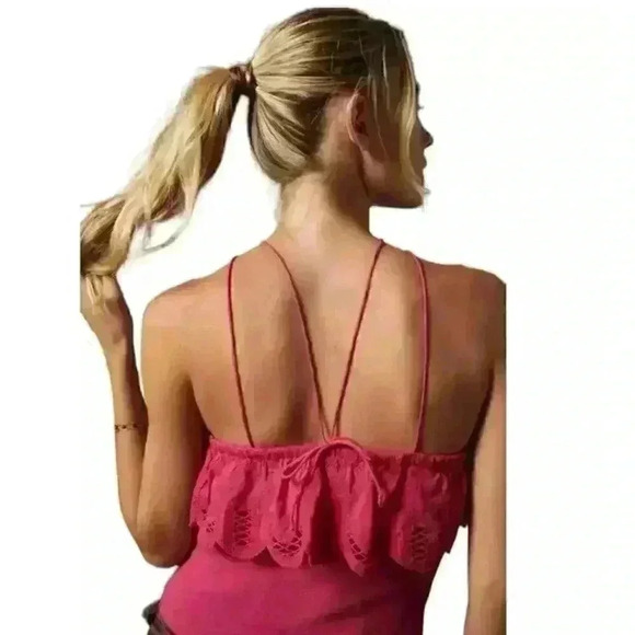 Anthropologie Ruffled Halter Medium Pink Embroidered Crochet Tank Blouse Size S - Picture 2 of 9